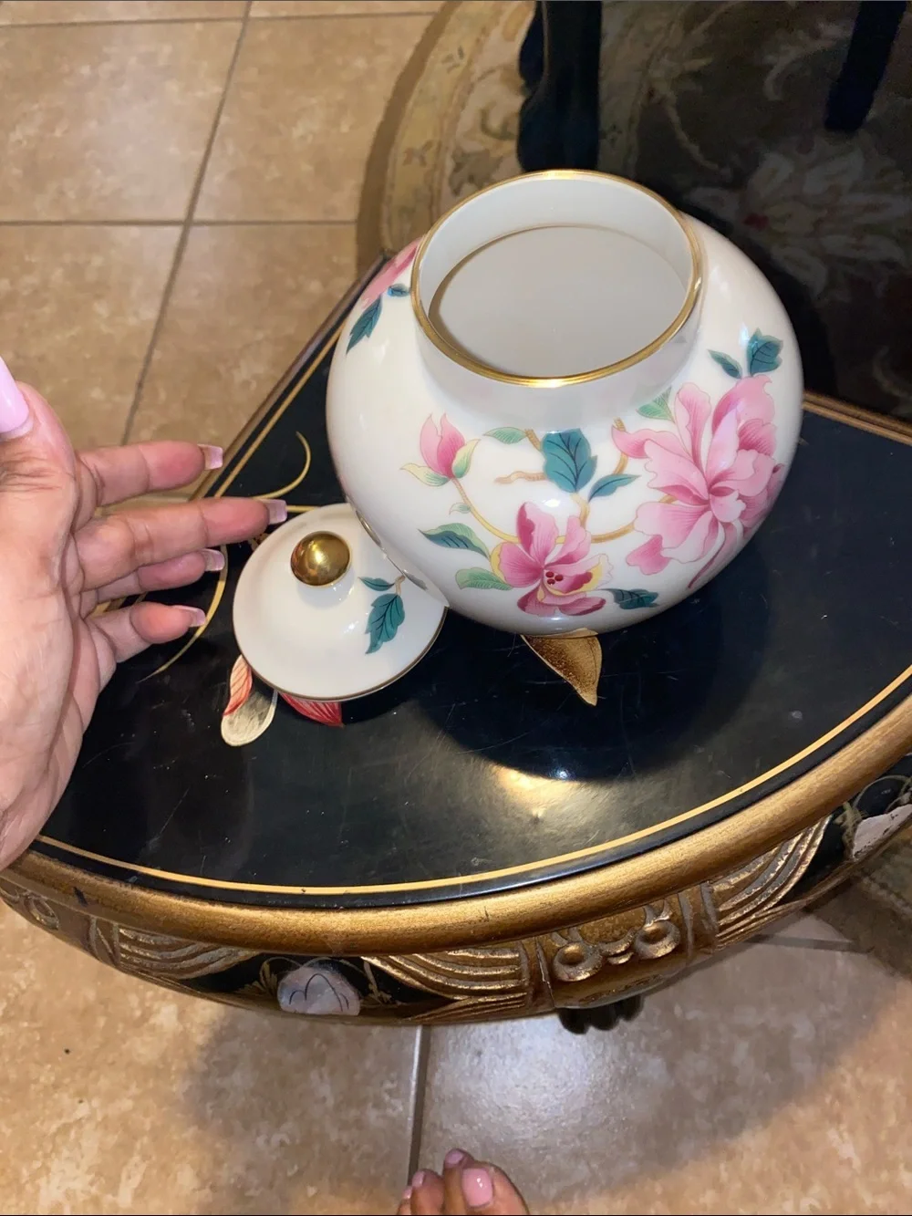 Vintage Lenox Porcelain Floral Jar with 24K Gold Trimming and Pink Blossoms
